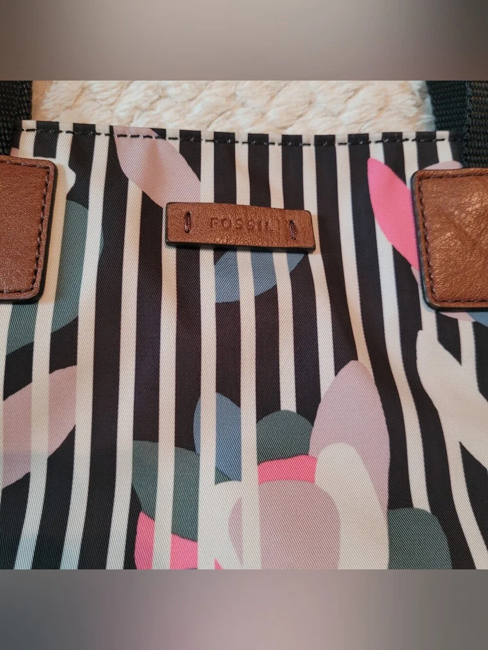 Fossil Striped Floral Tote Bag in Black and Pink
